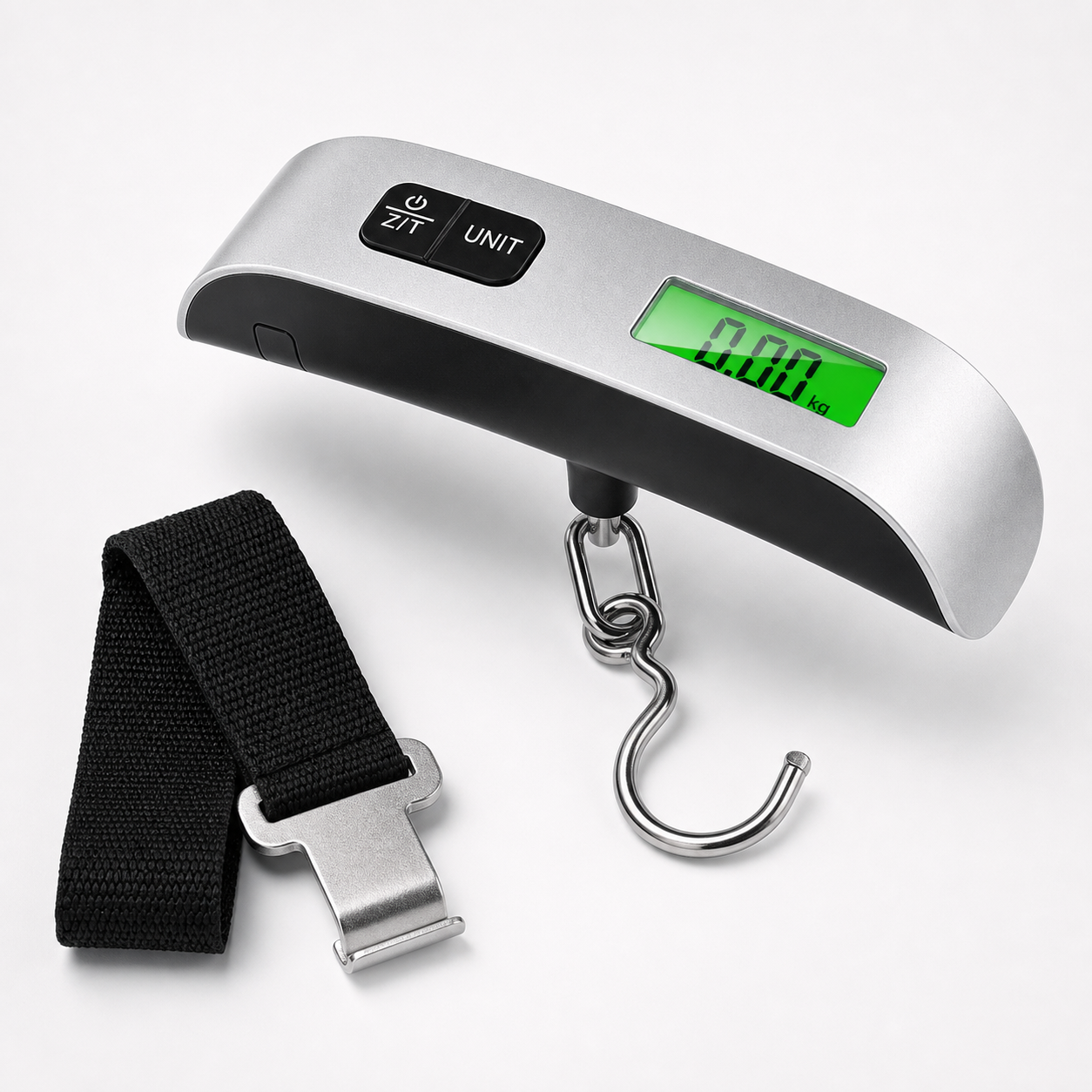 Digitale bagageweegschaal met haak en handriem op witte achtergrond